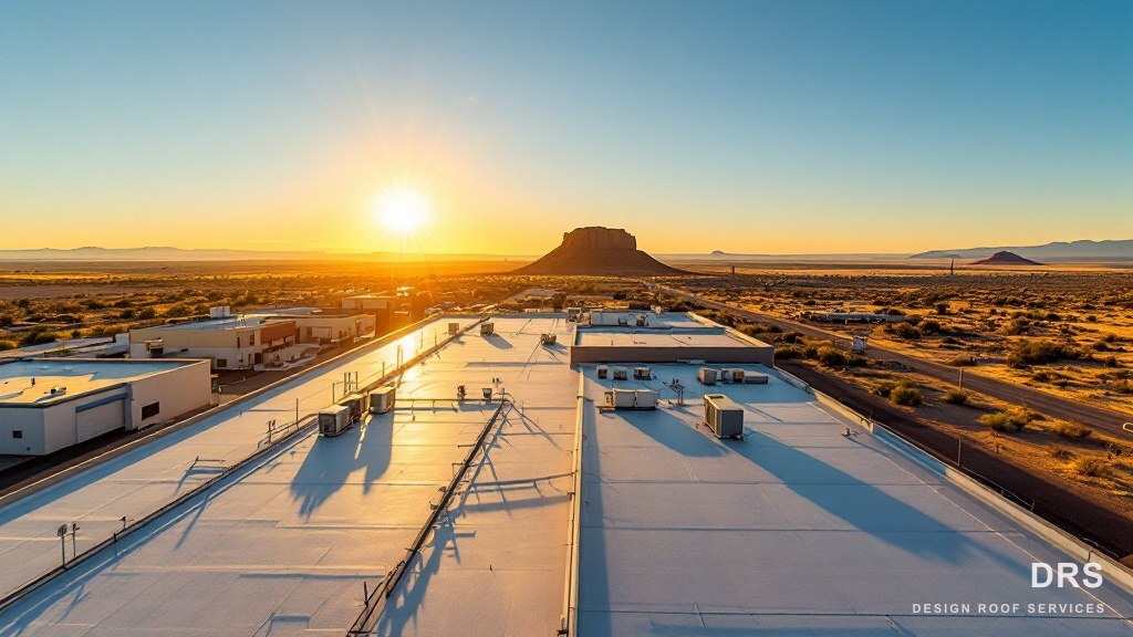 Aerial view of a commercial roof at golden hour in the high desert Southwest