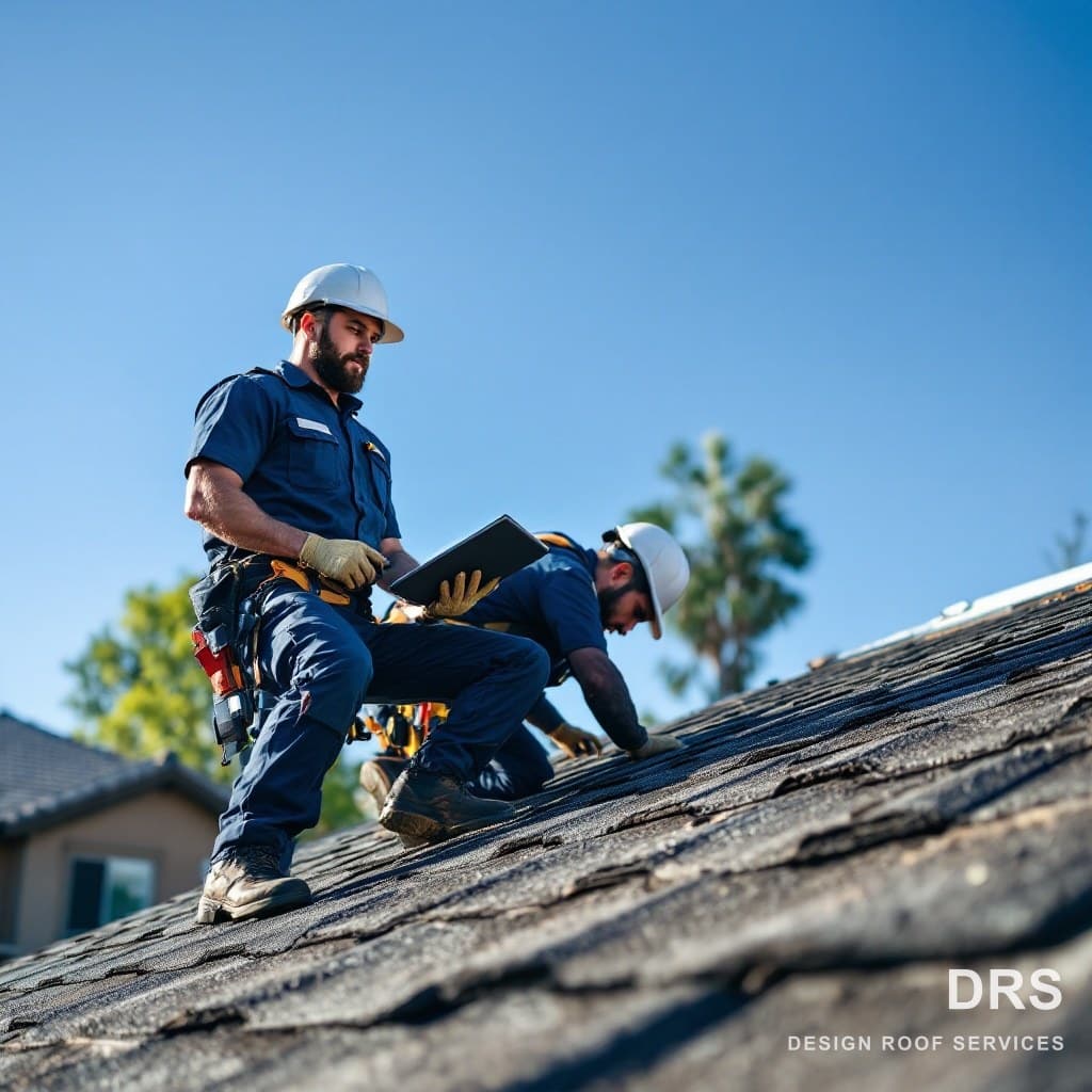 Roofing technician documenting roof conditions during an inspection